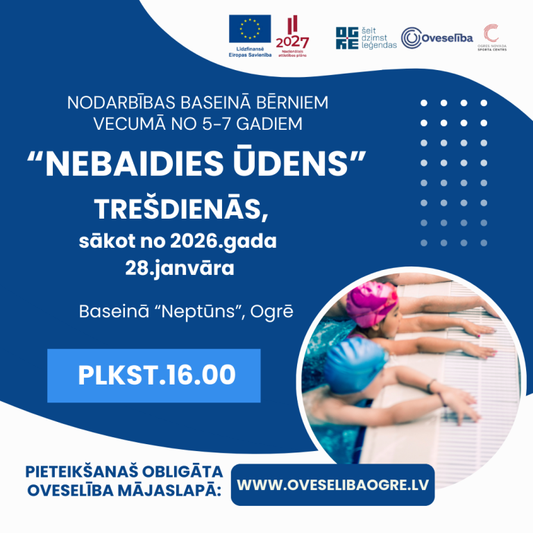 Nodarbības baseinā “Nebaidies ūdens” bērniem vecumā no 5-7 gadiem | Trešdienās, sākot no 2026.gada 28.janvāra