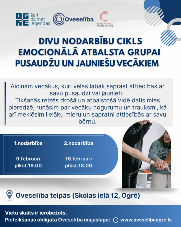 Emocionālā atbalsta grupa pusaudžu un jauniešu vecākiem. 2026.gada 9. un 16.februārī, Ogrē