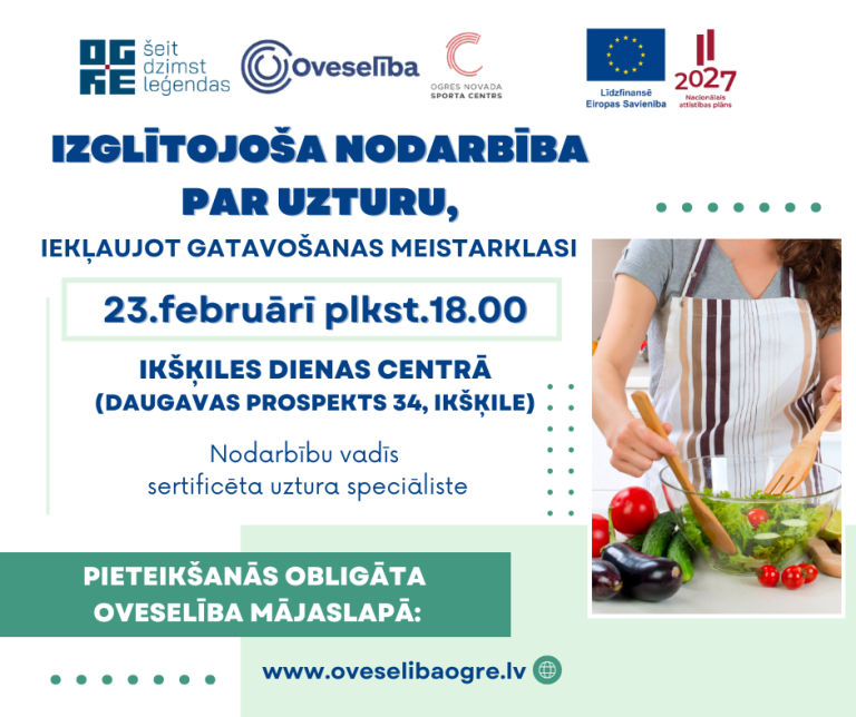 Izglītojoša nodarbība par veselīgu uzturu, iekļaujot gatavošanas meistarklasi 2026.gada 23.februārī, Ikšķilē