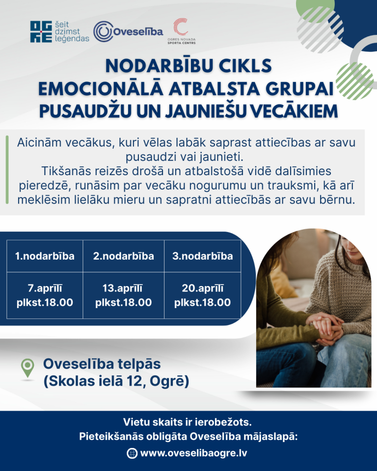 Nodarbību cikls emocionālā atbalsta grupai pusaudžu un jauniešu vecākiem. 2026.gada aprīlī
