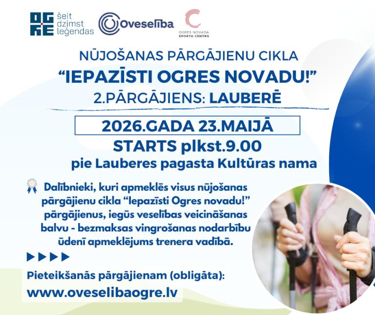 Nūjošanas pārgājienu cikla “Iepazīsti Ogres novadu!” 2026.gada sezonas 2.pārgājiens: Lauberē | 23.maijā