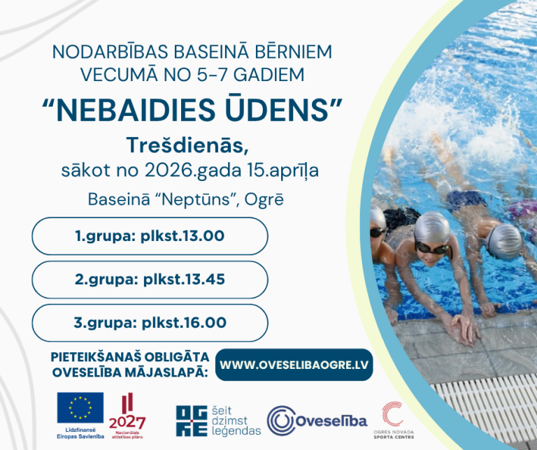 Nodarbības baseinā “Nebaidies ūdens” bērniem vecumā no 5-7 gadiem | Trešdienās, sākot no 2026.gada 15.aprīļa