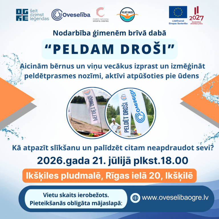 Nodarbība ģimenēm “Peldam droši” 2026.gada 21.jūlijā plkst.18.00 Ikšķilē