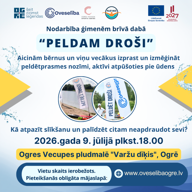 Nodarbība ģimenēm “Peldam droši” 2026.gada 9.jūlijā plkst.18.00 Ogres Vecupes pludmalē “Varžu dīķis”