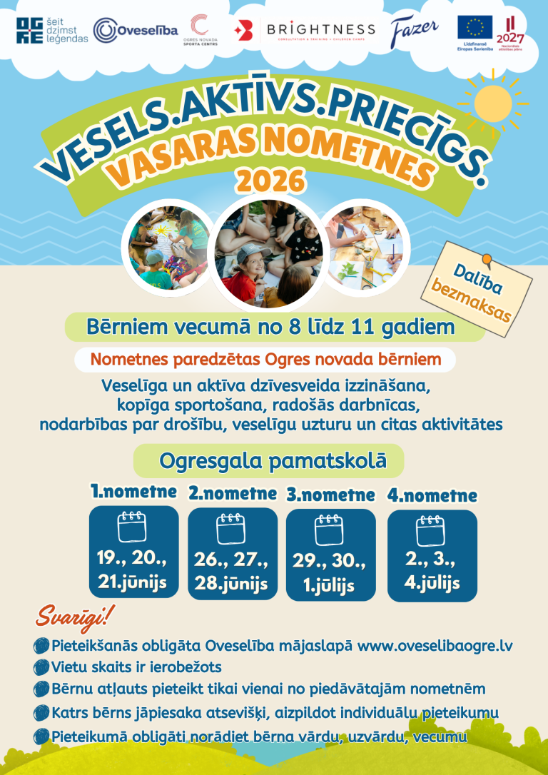 Bērnu vasaras nometnes “Vesels. Aktīvs. Priecīgs.” 2026. gadā