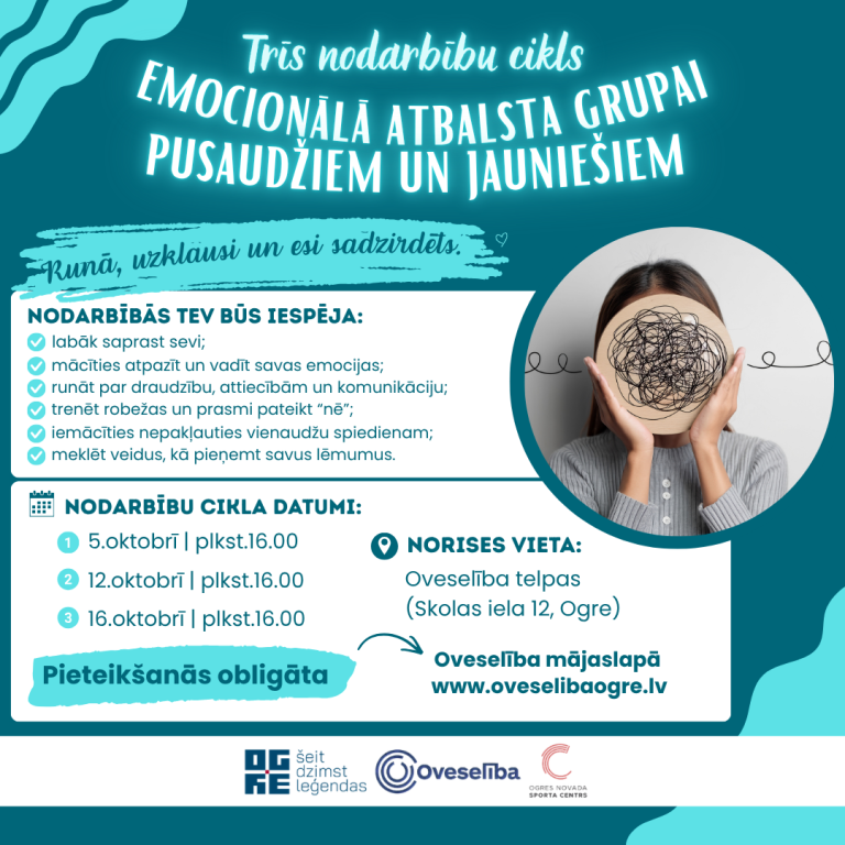 Nodarbību cikls emocionālā atbalsta grupai pusaudžiem un jauniešiem, 2026.gada oktobrī