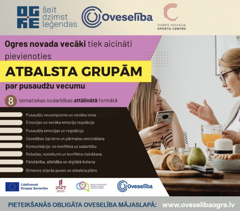 Oveselība aicina izmantot iespēju! aicina pusaudžu vecākus piedalīties attālinātā atbalsta grupas nodarbību ciklā
