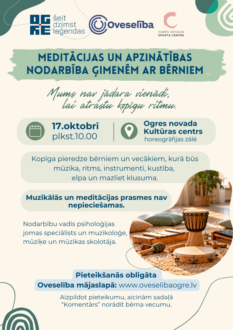 Meditācijas un apzinātības nodarbība ģimenēm ar bērniem 2026.gada 17.oktobrī Ogrē