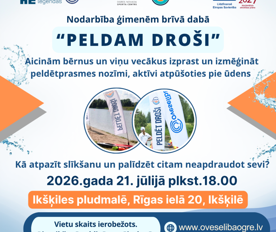 Nodarbība ģimenēm “Peldam droši” 2026.gada 21.jūlijā plkst.18.00 Ikšķilē