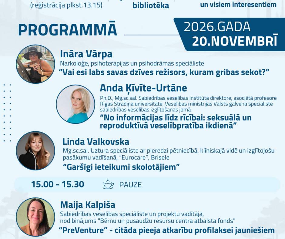 Izglītojošs atbalsta pasākums “Veselībpratība un labbūtība – no pedagoga resursiem līdz skolēna paradumiem” 2026.gada 20.novembrī