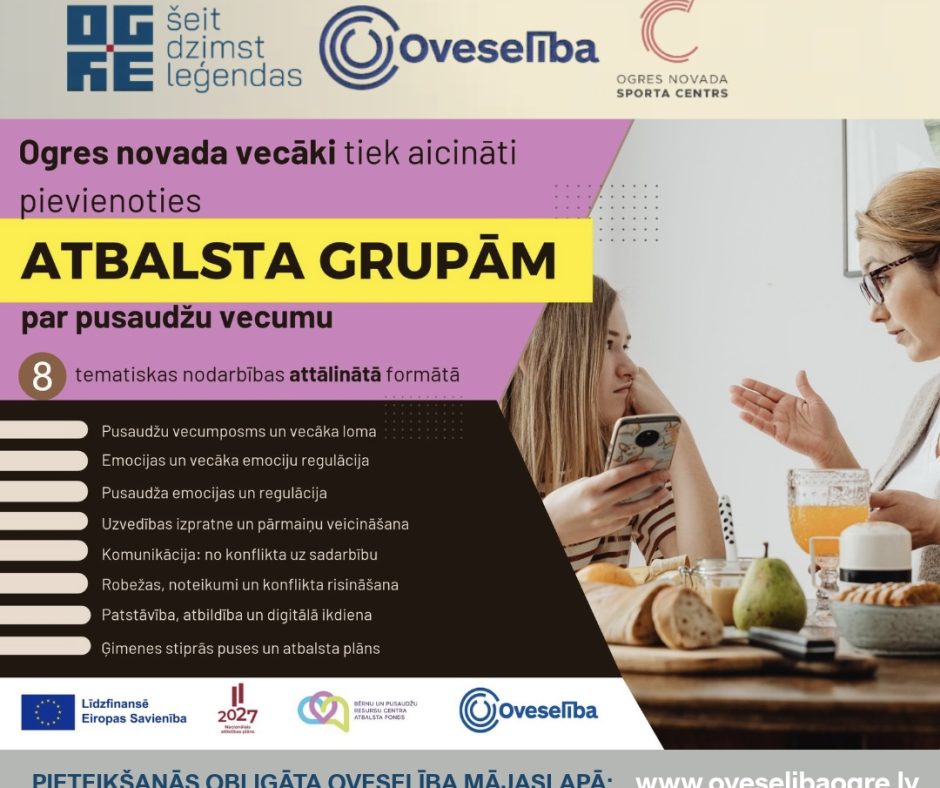 Oveselība aicina izmantot iespēju! aicina pusaudžu vecākus piedalīties attālinātā atbalsta grupas nodarbību ciklā