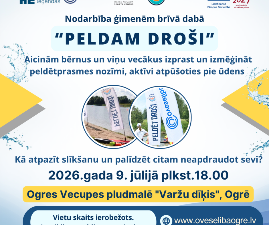 Nodarbība ģimenēm “Peldam droši” 2026.gada 9.jūlijā plkst.18.00 Ogres Vecupes pludmalē “Varžu dīķis”