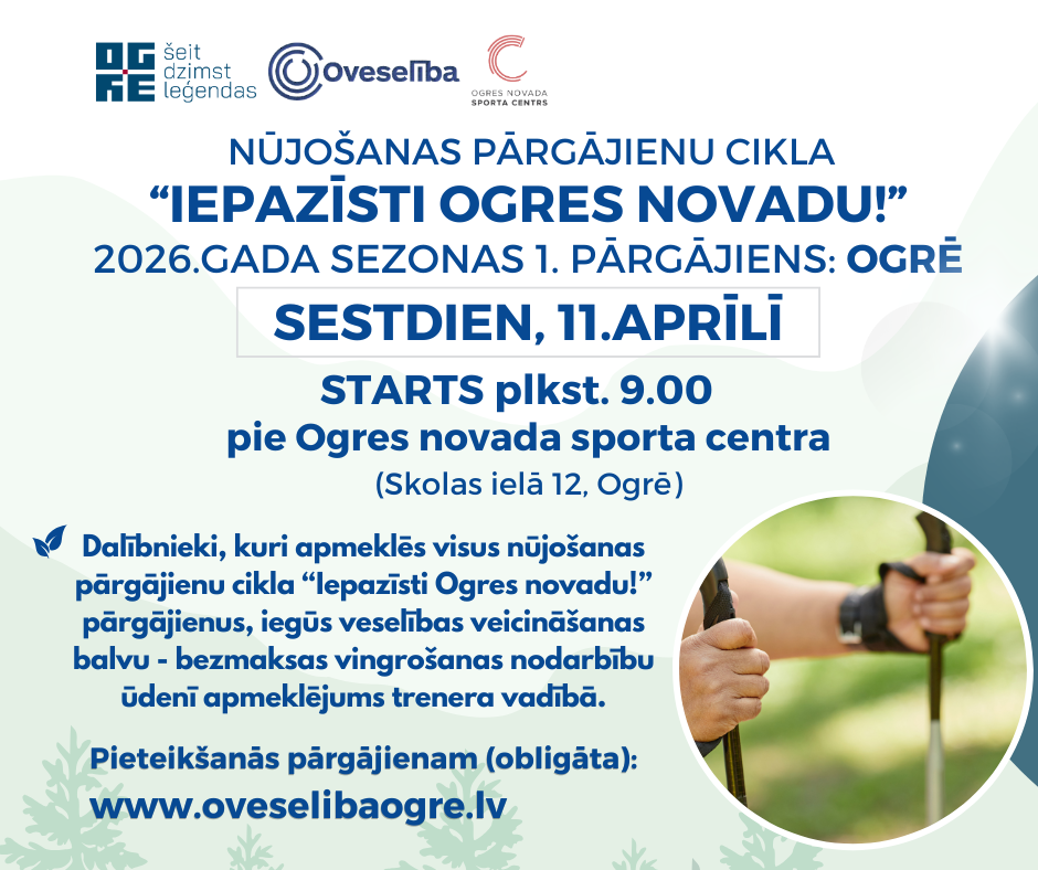 Nūjošanas pārgājienu cikla “Iepazīsti Ogres novadu!” 2026.gada sezonas 1.pārgājiens: Ogrē | 11.aprīlī