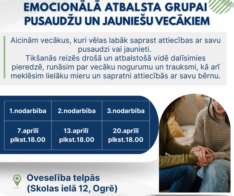 Nodarbību cikls emocionālā atbalsta grupai pusaudžu un jauniešu vecākiem. 2026.gada aprīlī