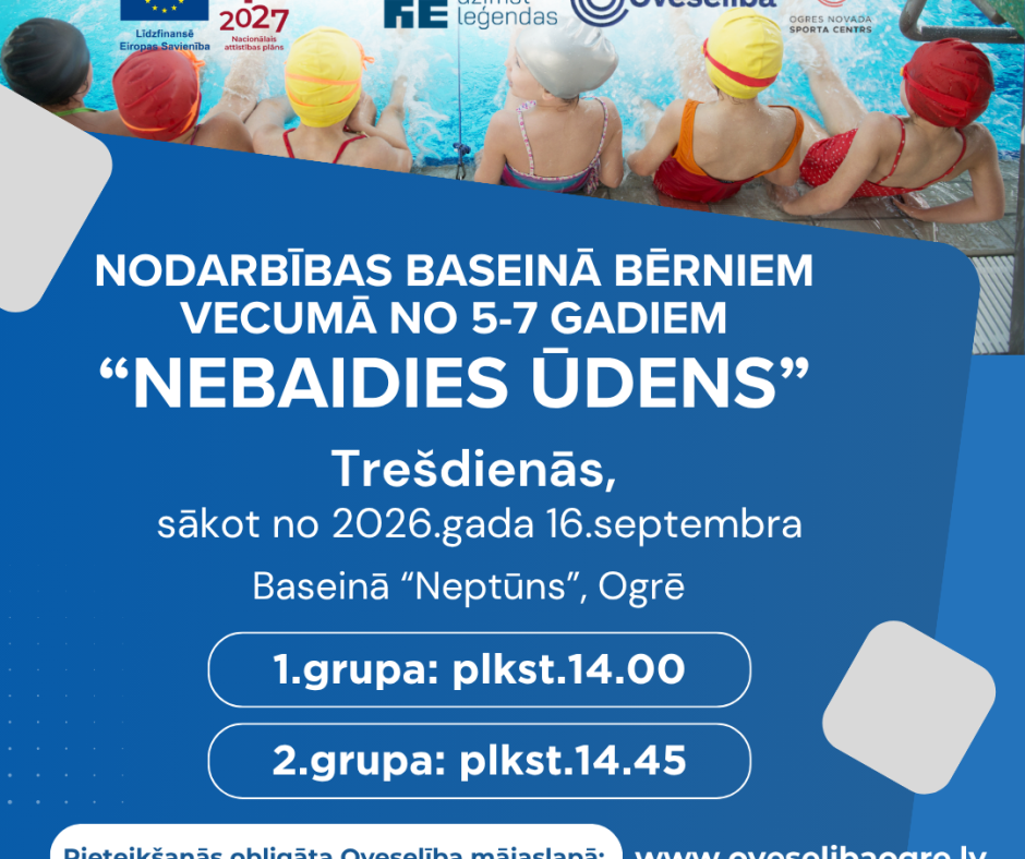 Nodarbības baseinā “Nebaidies ūdens” bērniem vecumā no 5-7 gadiem | Trešdienās, sākot no 2026.gada 16.septembra