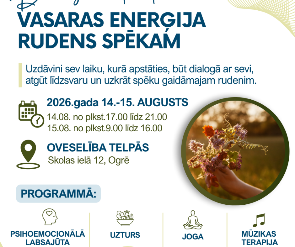 Dienas nometne dāmām “Vasaras enerģija rudens spēkam”, 2026.gada 14.-15.augustā Ogrē