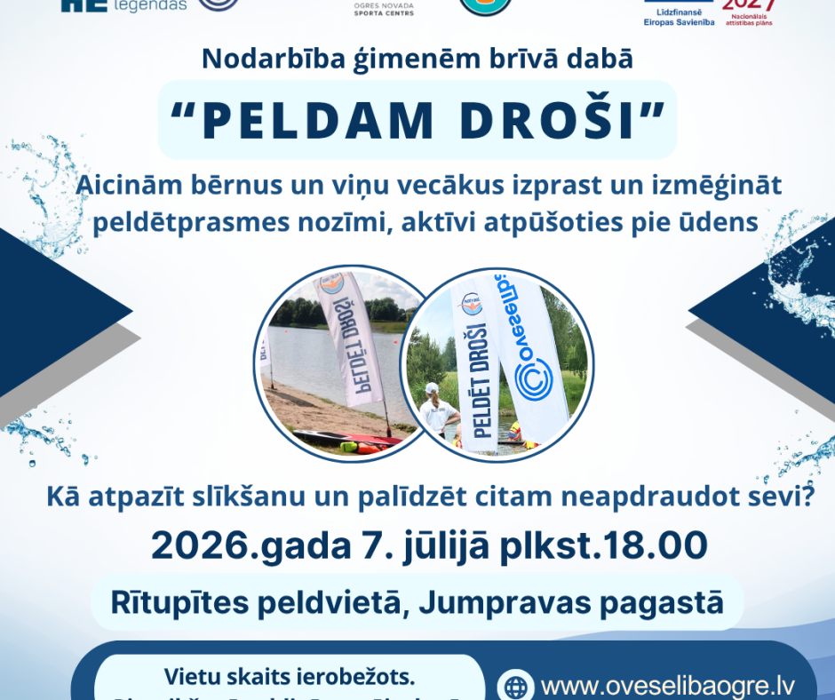 Nodarbība ģimenēm “Peldam droši” 2026.gada 7.jūlijā plkst.18.00, Jumpravas pagastā