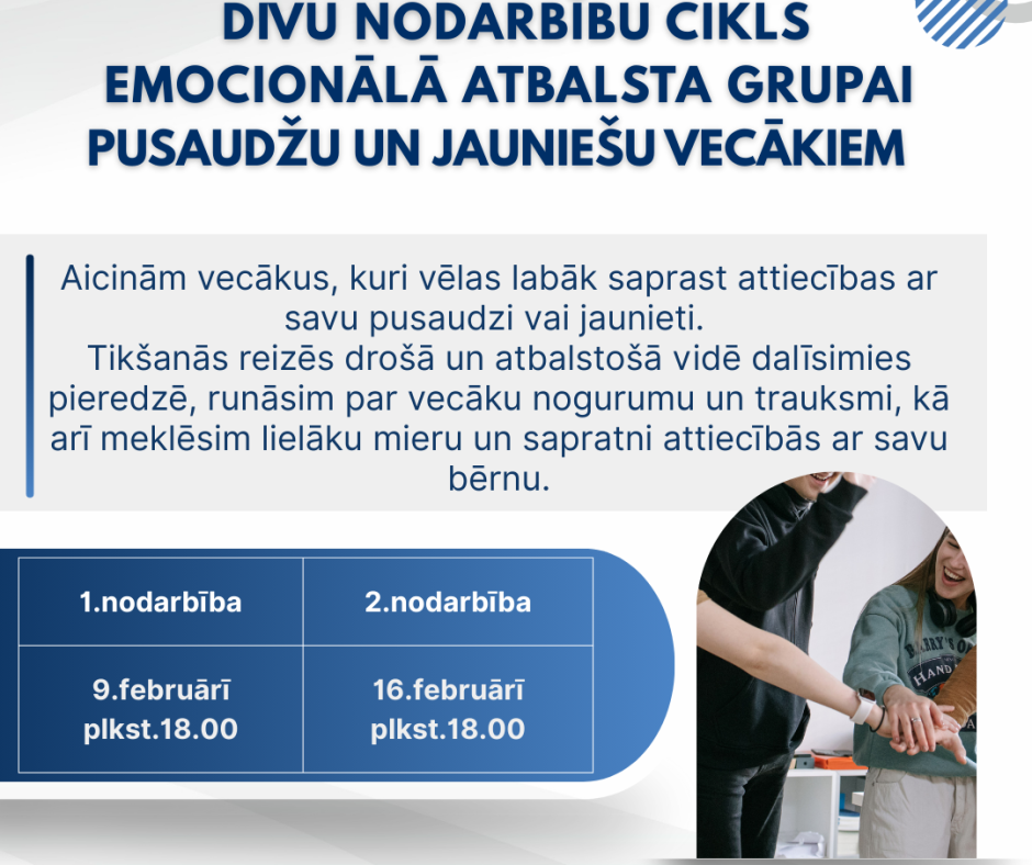 Emocionālā atbalsta grupa pusaudžu un jauniešu vecākiem. 2026.gada 9. un 16.februārī, Ogrē